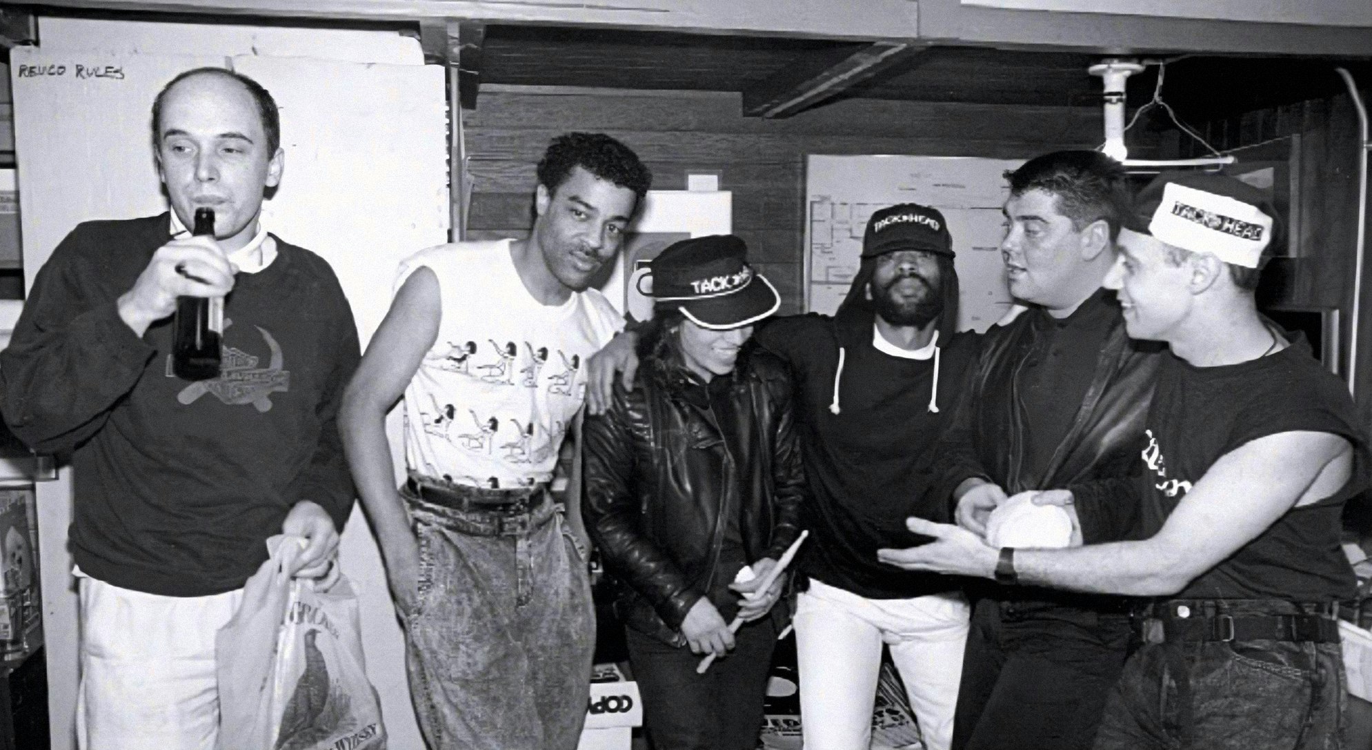 Tackhead’s Adrian Sherwood, Doug Wimbish, Cathy Cohn, Skip Alexander, Mark Stewart, and Keith LeBlanc at the I-Beam in San Francisco. Photo courtesy of Keith LeBlanc.